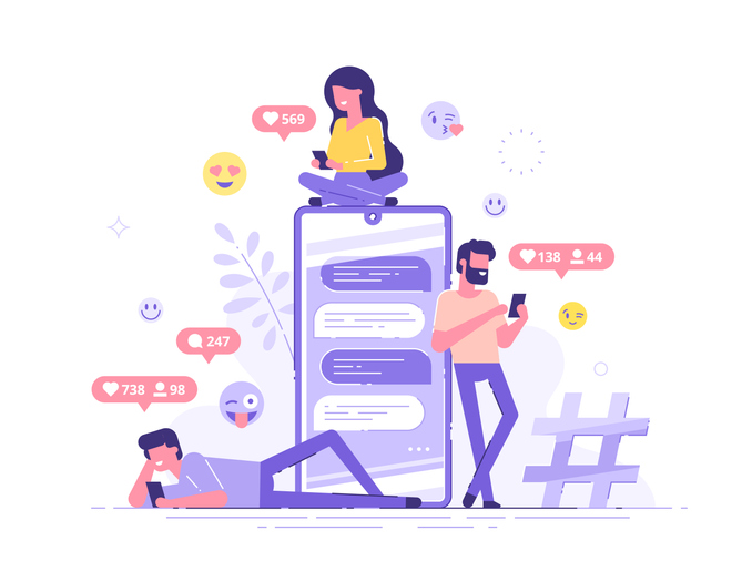 Young people are standing near by a huge smartphone and using own smartphones with social media elements and emoji icons on the background. Friends chatting and texting. Vector illustration.